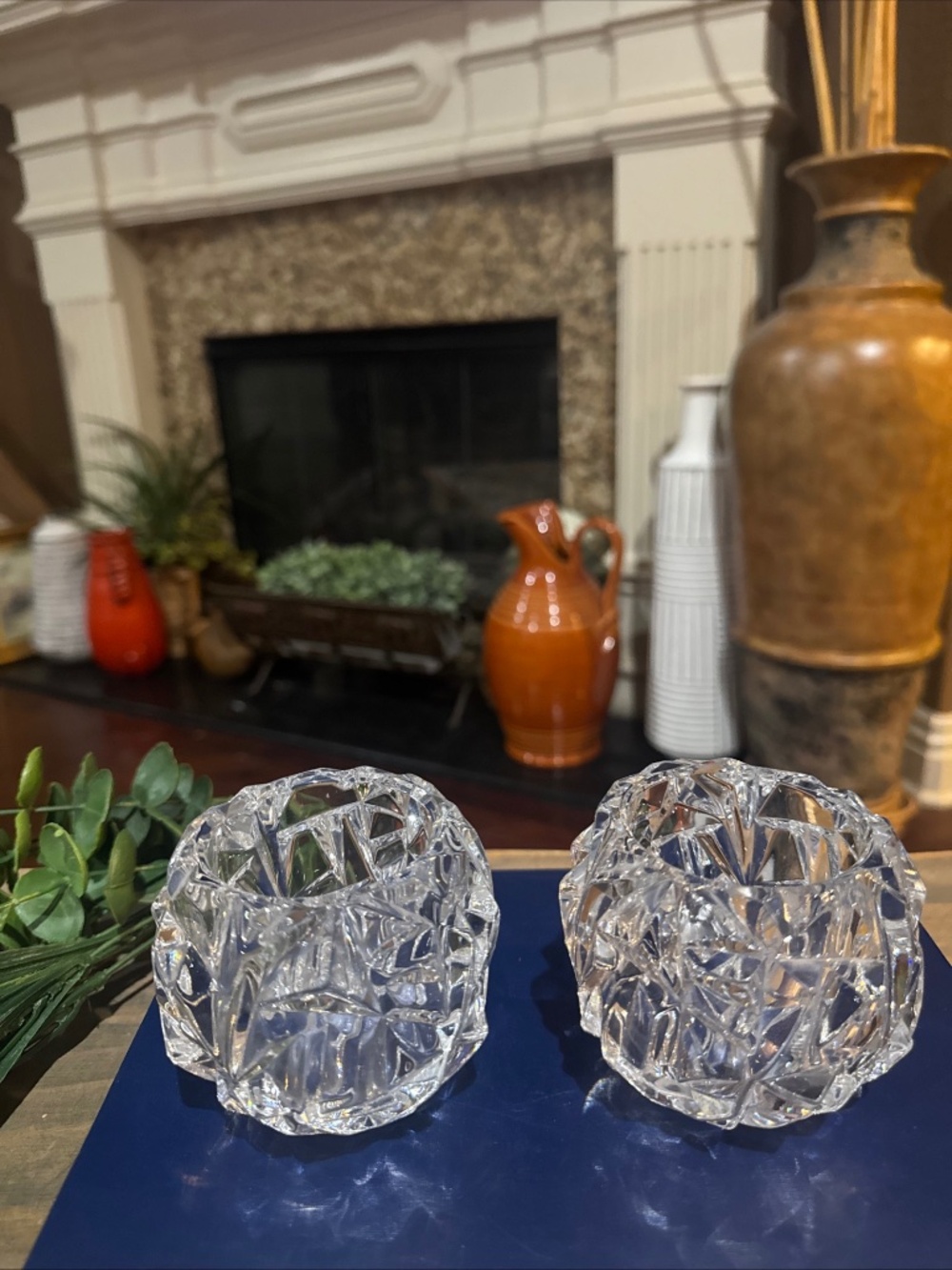 Tiffany & Co. Rock Cut Glass Votive Candle Holder Geometric Glossy Signed Set 2